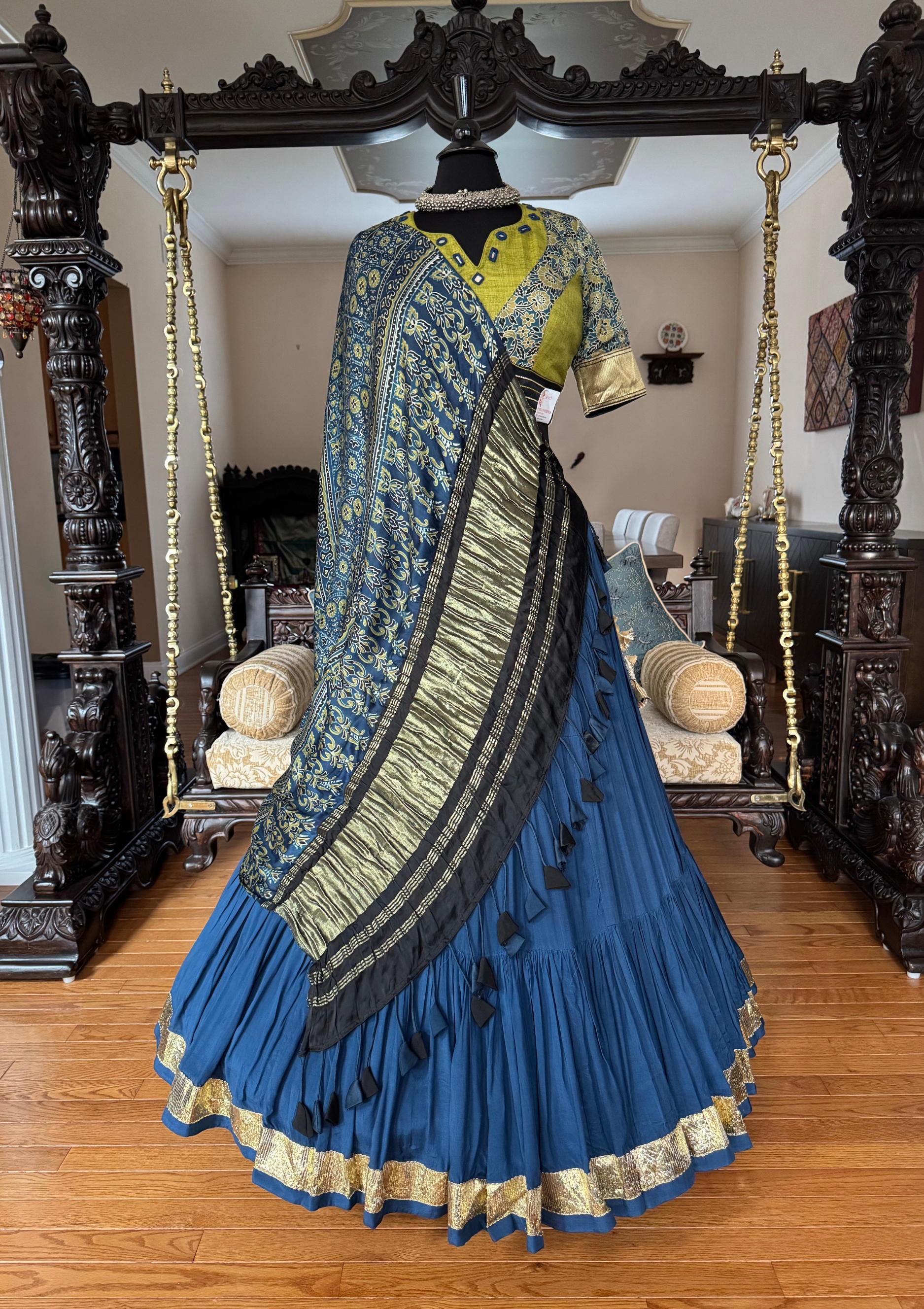 Blue Frill Flare Chaniya Ajrakh Dupatta